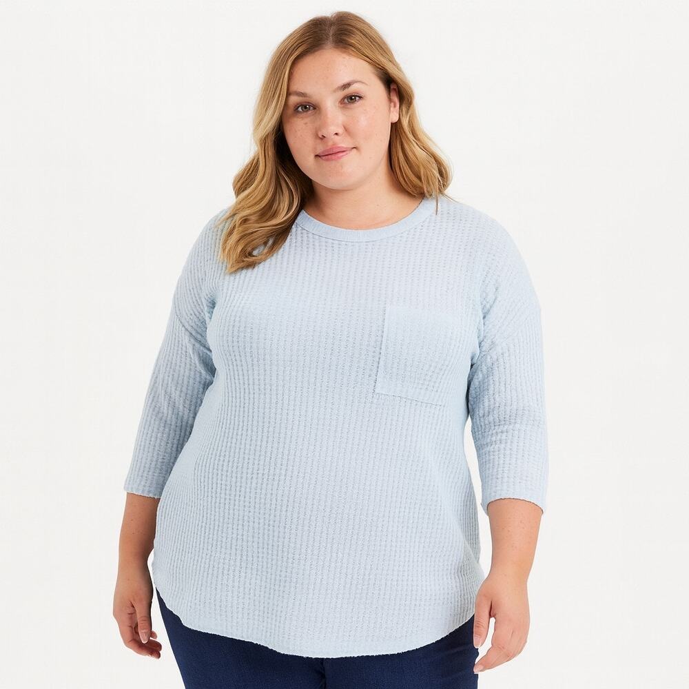 Bobeau Women’s XL Blue Waffle Knit Long Sleeve Pullover Top Pocket Stretch NWOT